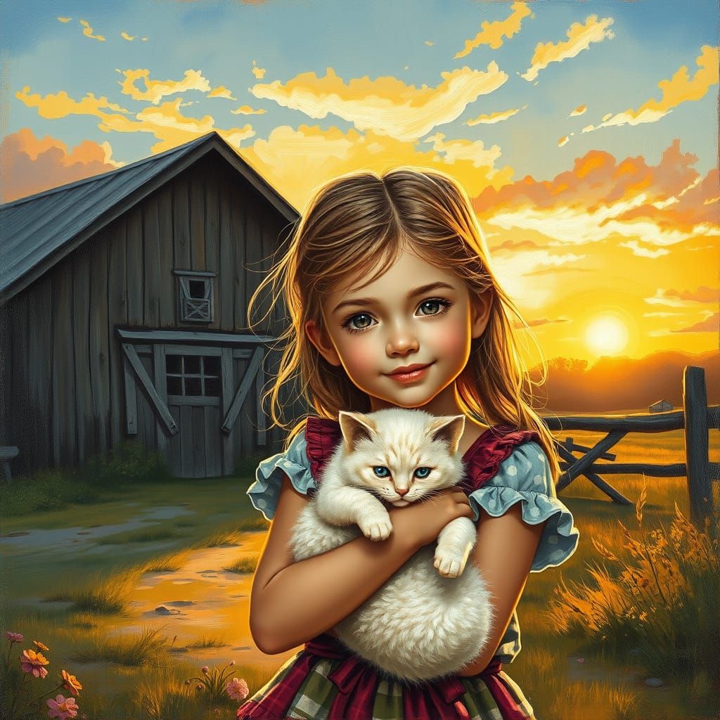 Girl Holding Cat in Sunset Light Near Barn, Realistic Oil Pa...