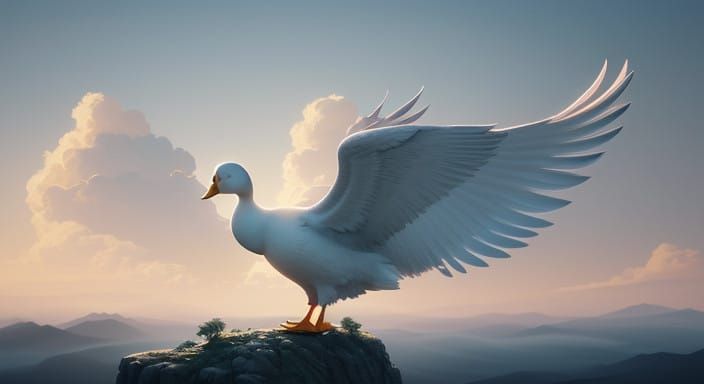 Majestic White Duck Atop a Fantasy Cloud in Vibrant Colors
