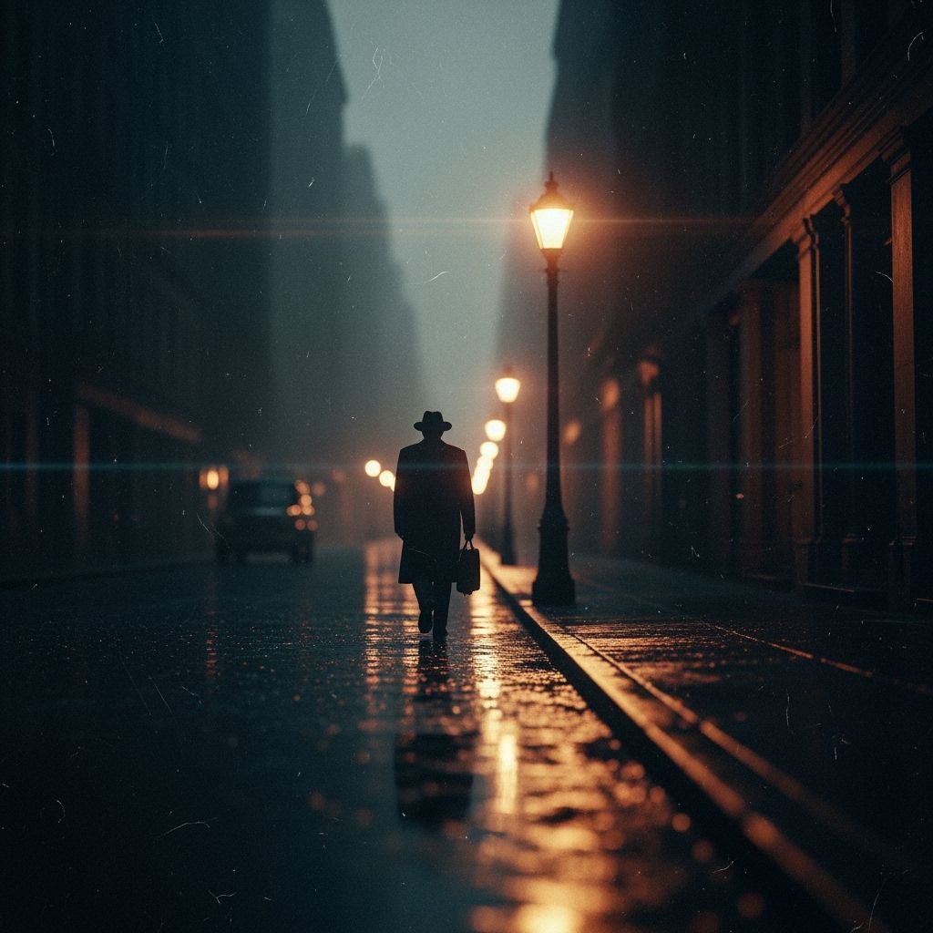 Film Noir: Lone Figure in Rainy 1940s City