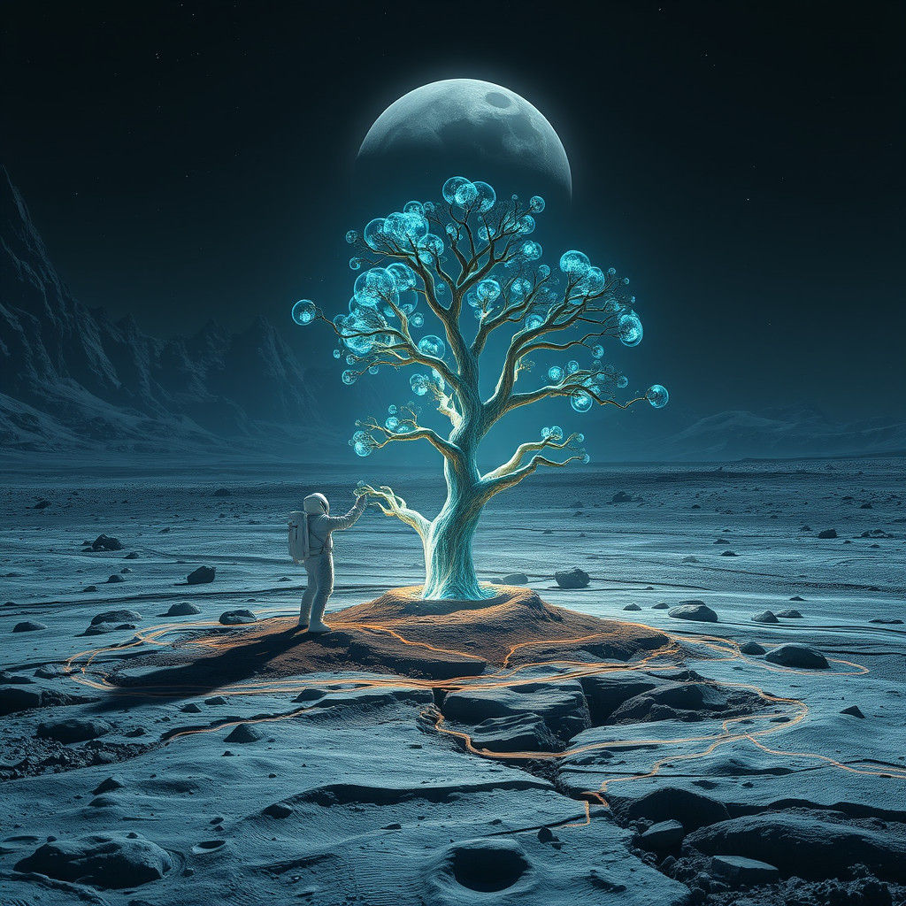 Astronaut Plants Iridescent Tree on Barren Moon