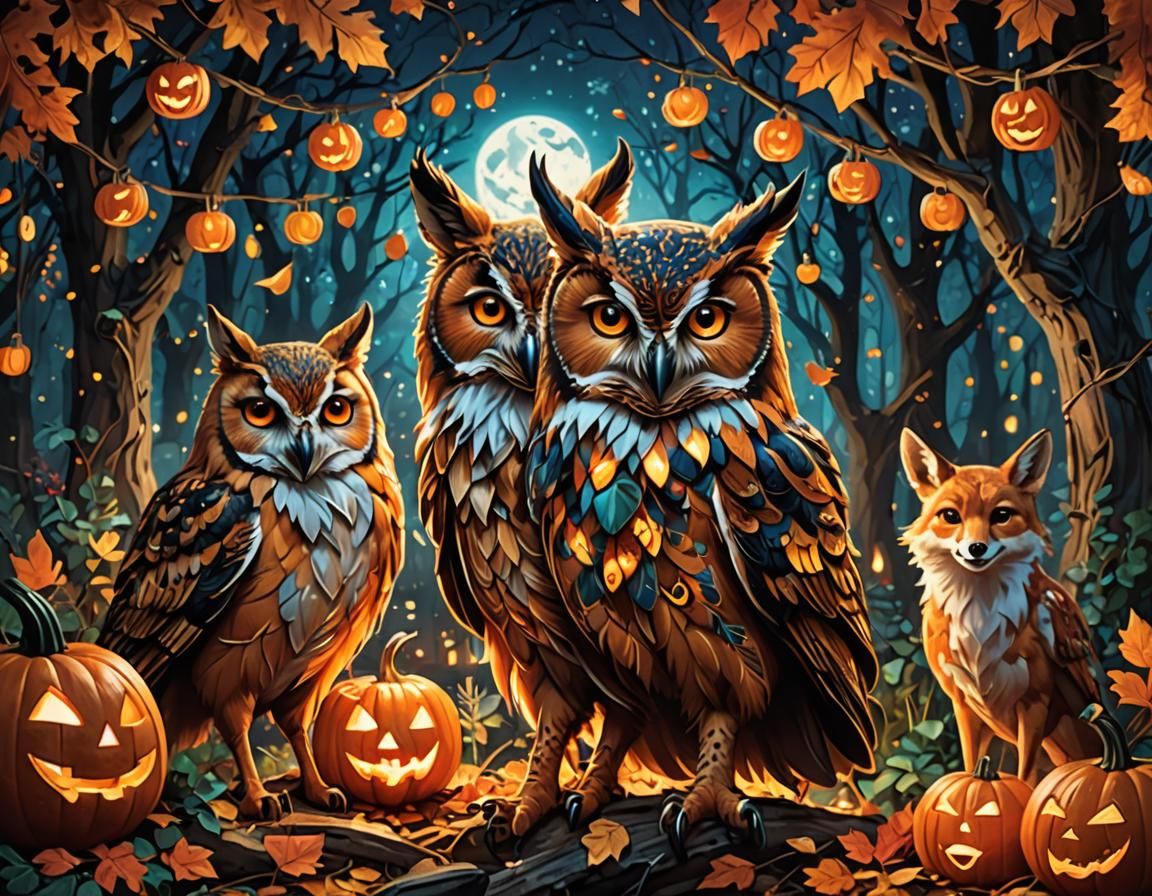 Magical Forest Animals Celebrate Halloween: Hyperrealistic S...