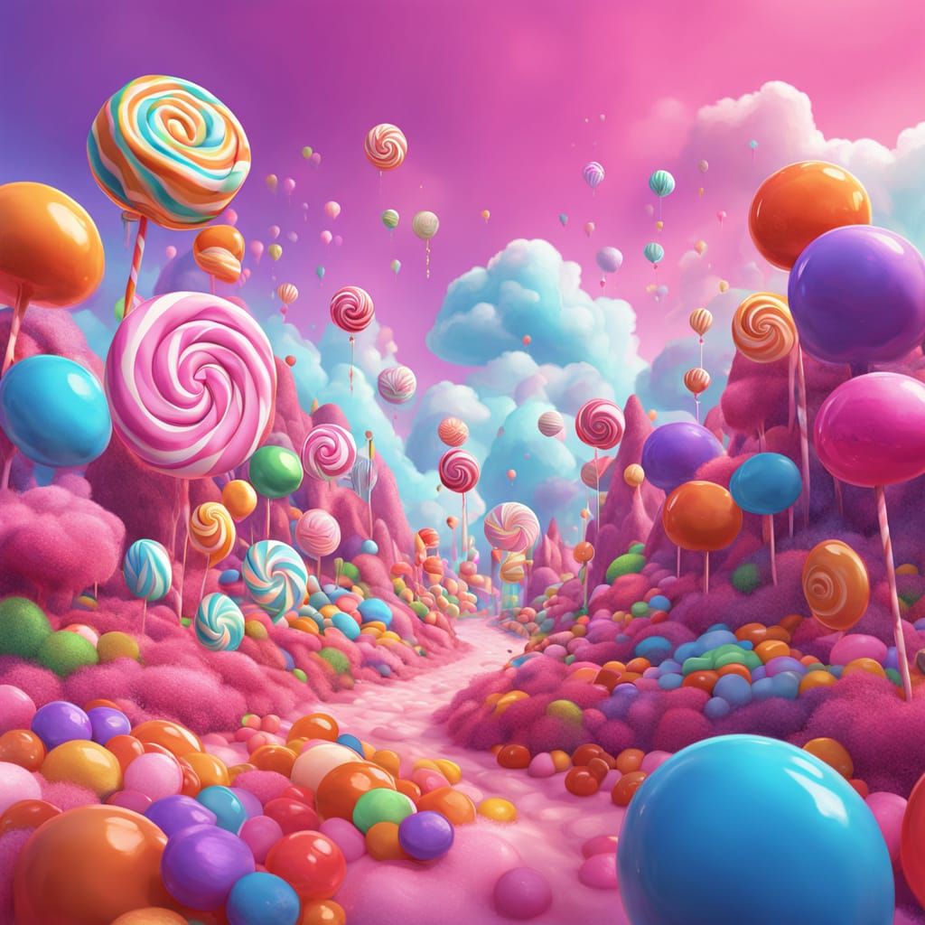 Dreamlike Candy Landscape with Lollipops and Gumdrop Hills