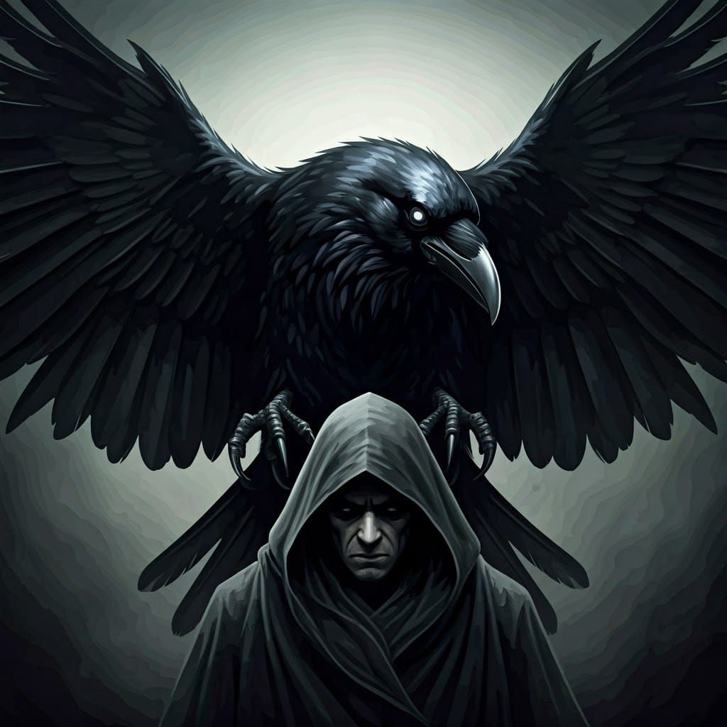 Ominous Raven Spreads Wings in Gothic Landscape