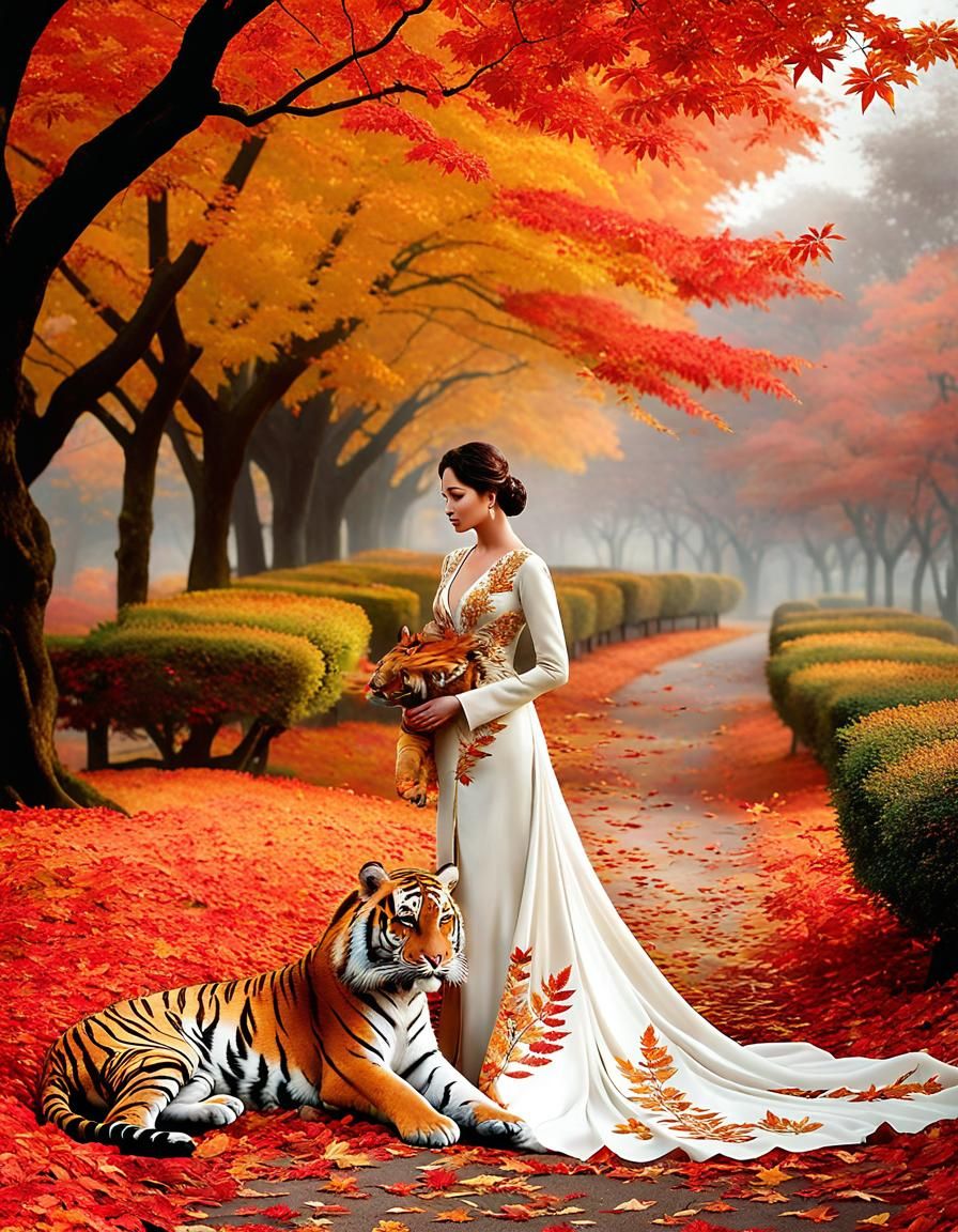 Nymph and Tiger Cub in Autumn Landscape