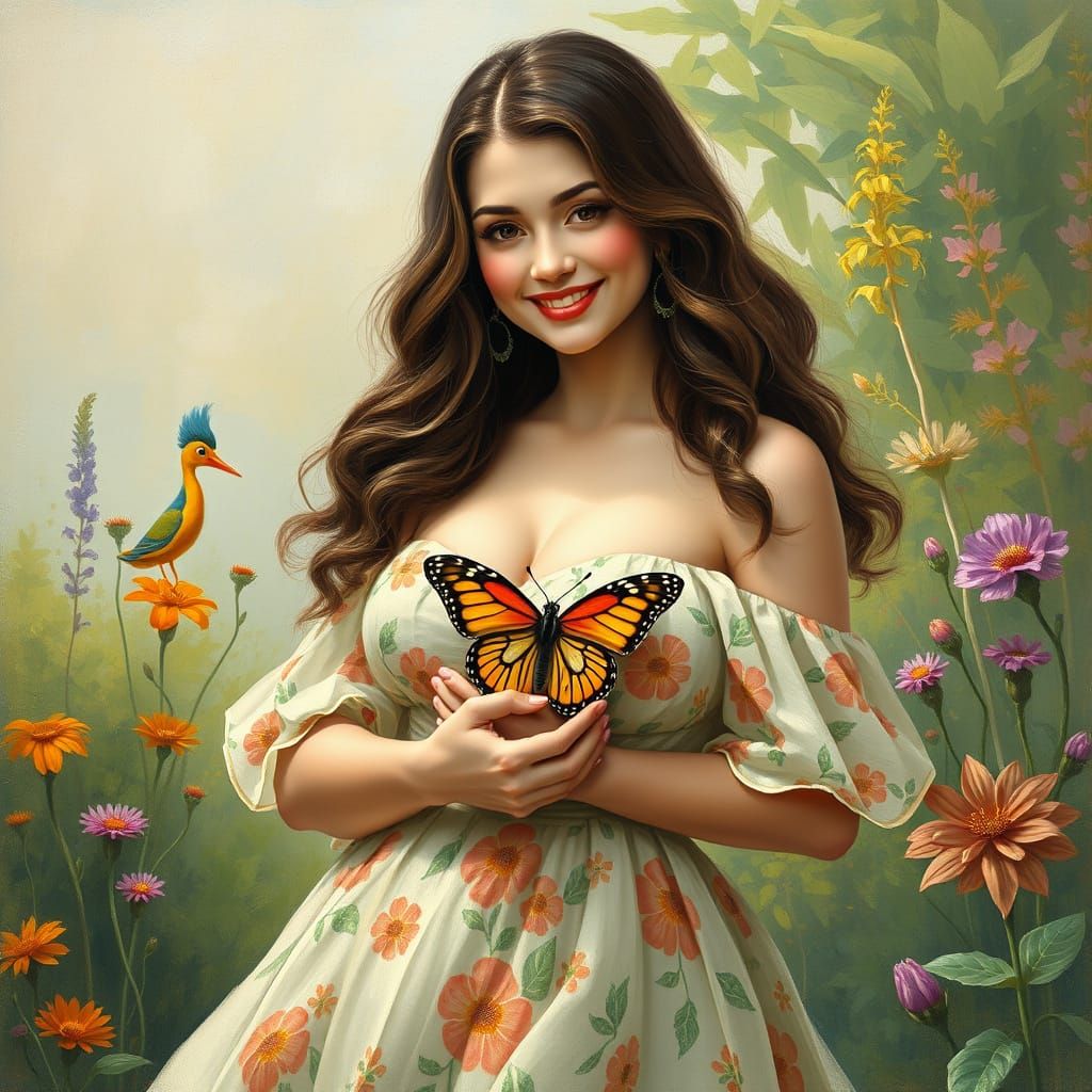 Warm Smile of a Curvaceous Woman in Impressionist Style