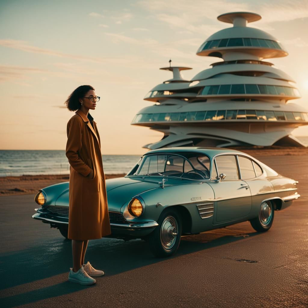Sci-Fi Woman on Shore with Retro Car