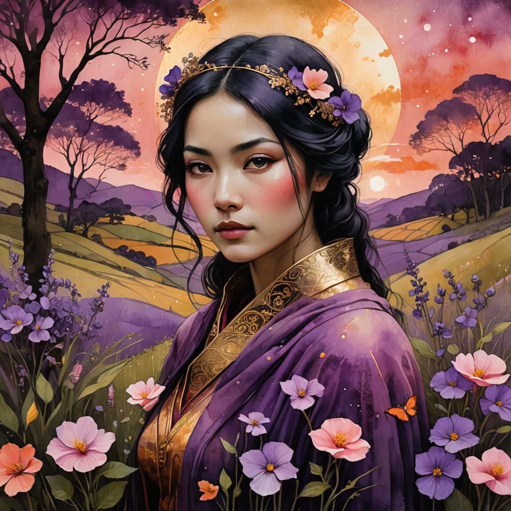 Layered Watercolor of Woman in Countryside Illustration