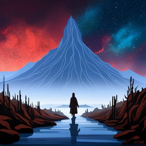 Sinister Silhouette by Volcanic River at Night