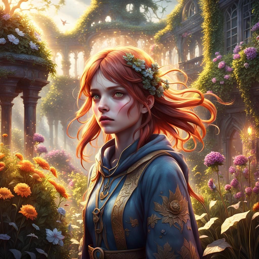 Sad Girl in Misty Garden: Fantasy Concept Art