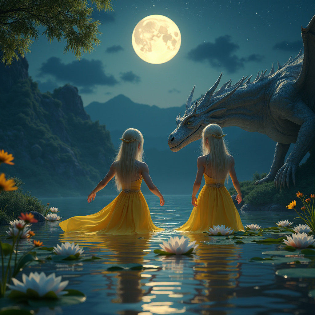 Moonlit Elves and Dragon Fantasy Art