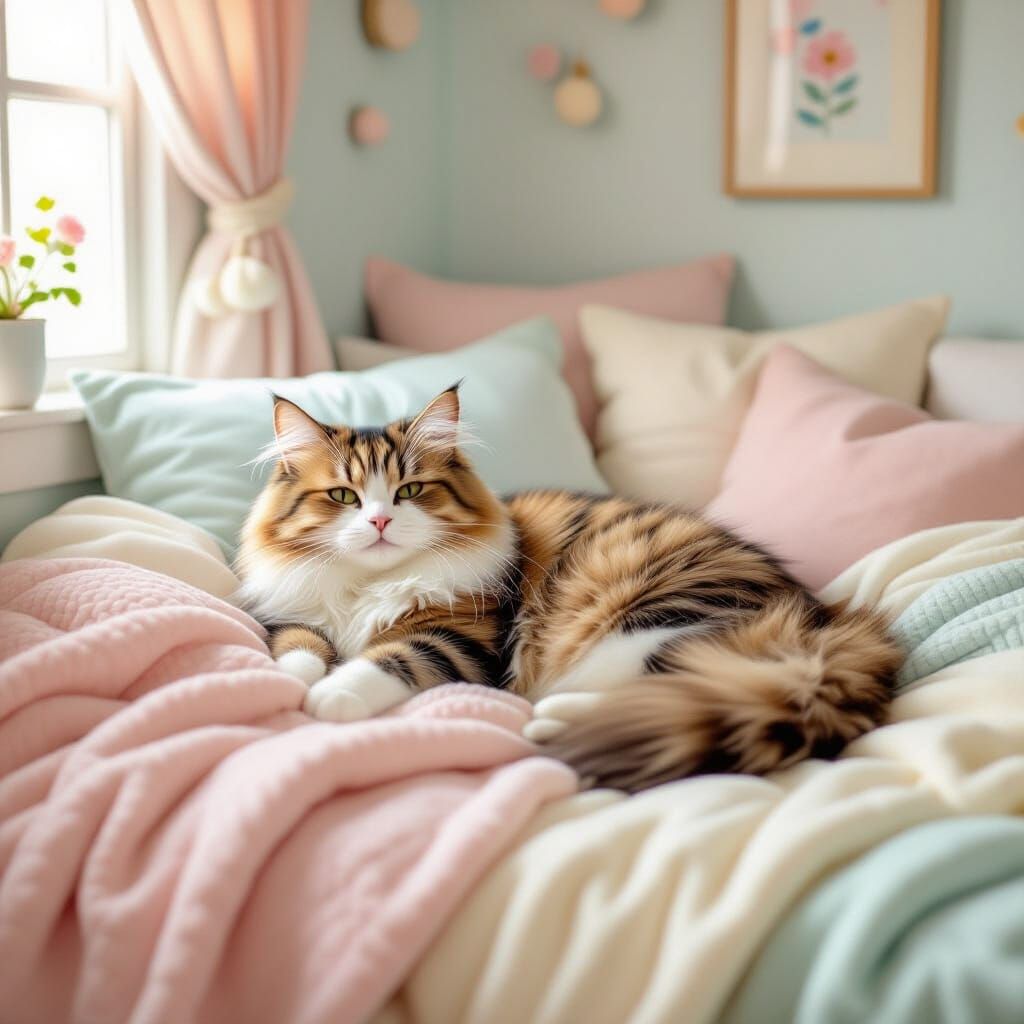 Fluffy Cat Lounging in Cozy Pastel Room