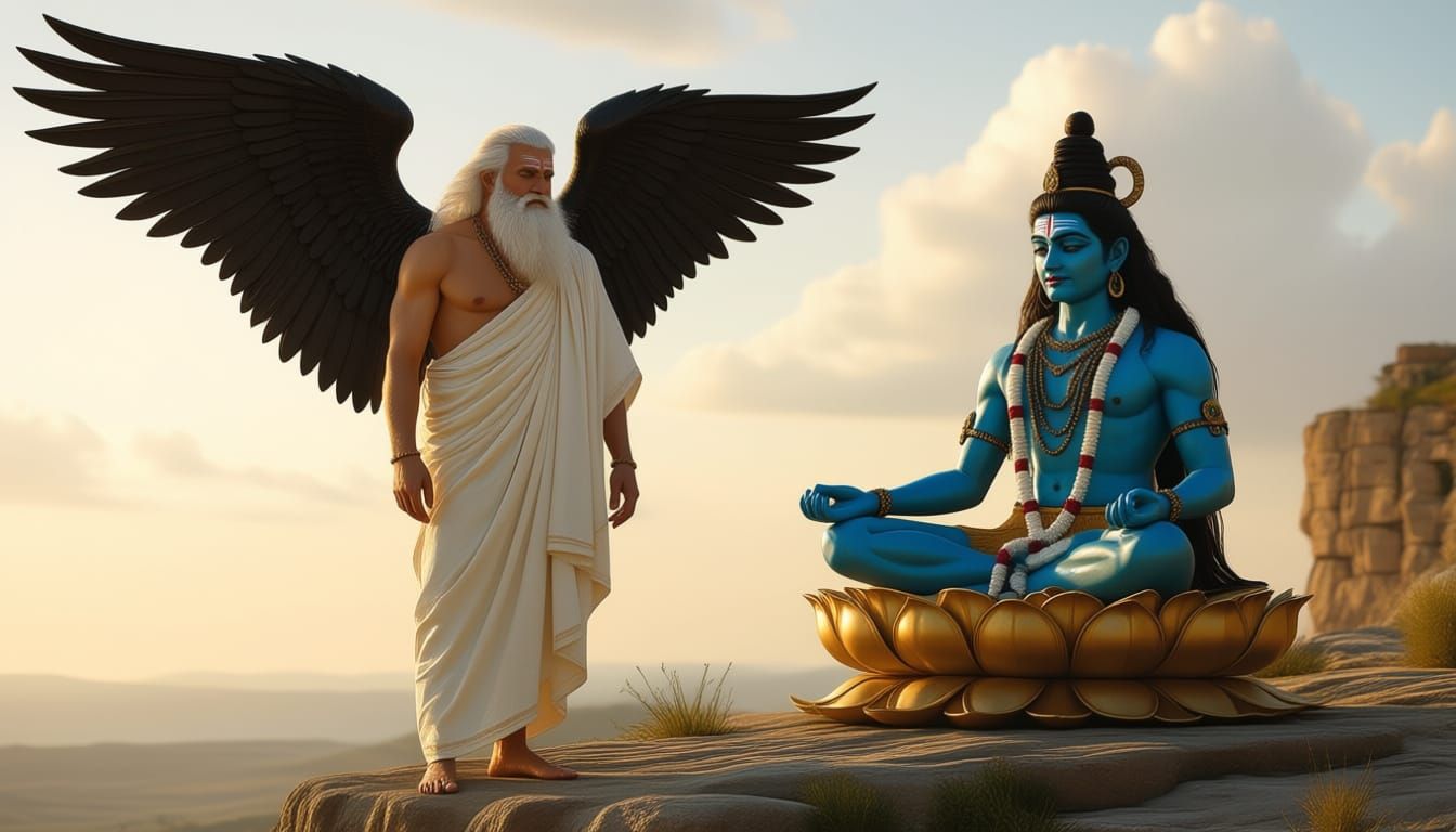 Divine Beings Discussing Future, Blending Artistic Styles