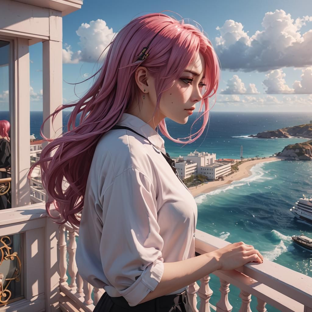 Anime Girl Gazing at Sea from Balcony