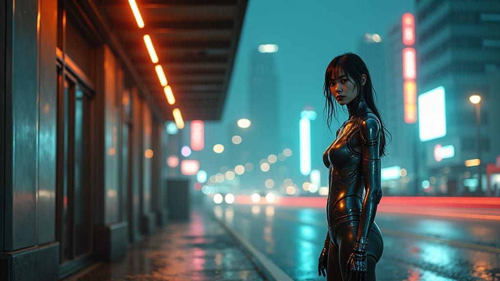 Cybernetic Girl in Rainy Futuristic Cityscape