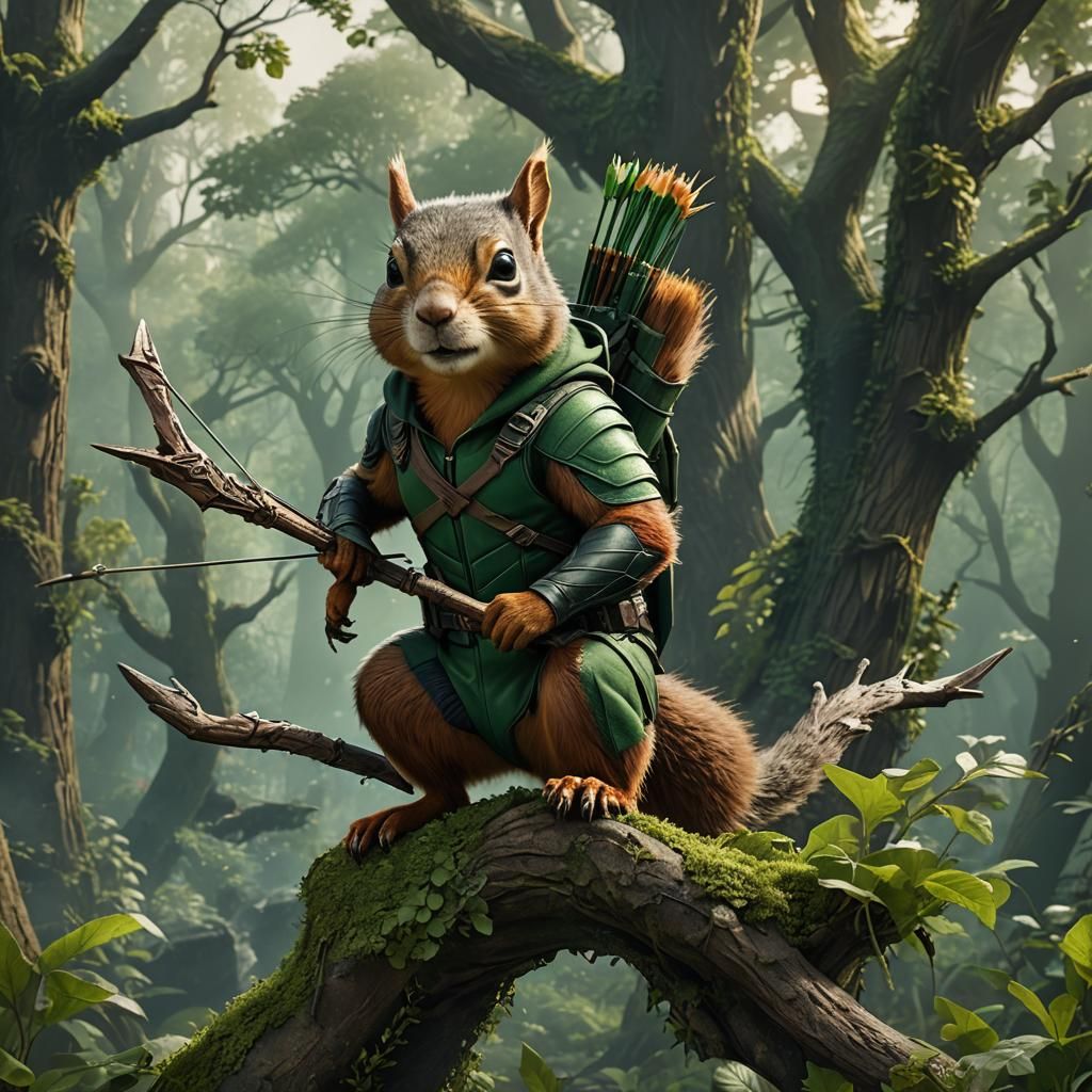 Squirrel as Green Arrow: Detailed Fantasy Concept Art