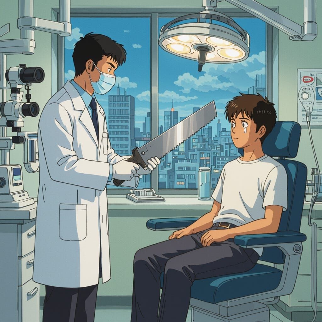 Eye Doctor with Saw in Futuristic Office