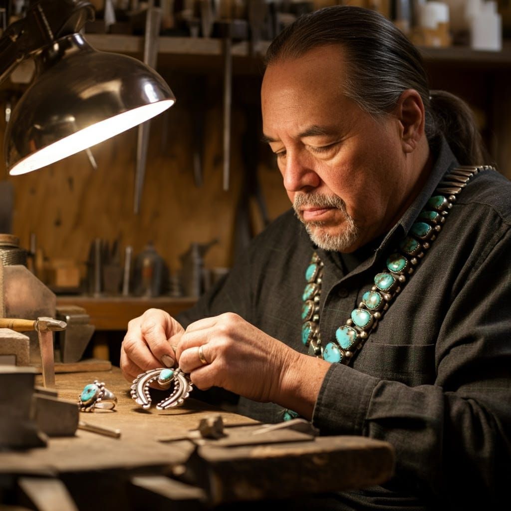 Navajo Silversmith Crafts Turquoise Jewelry in Traditional S...