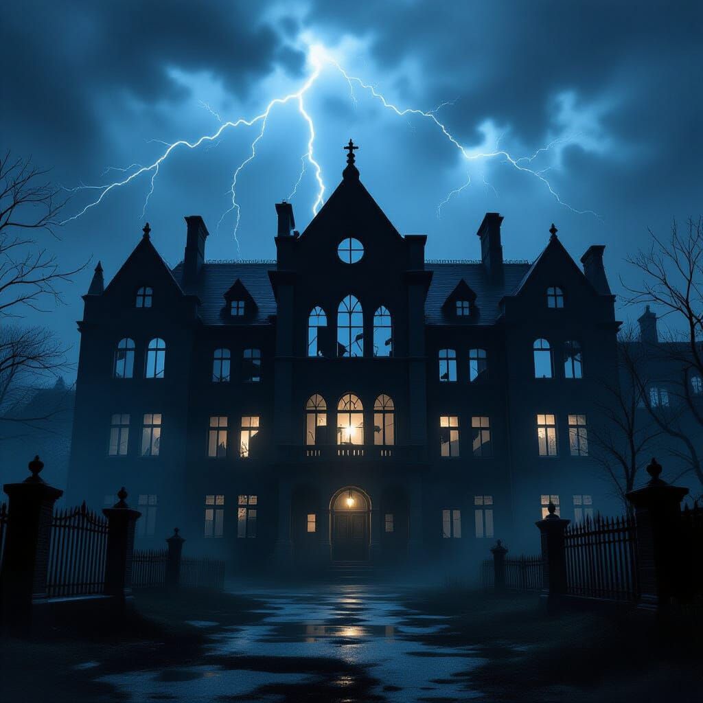 Haunted Gothic School on Stormy Night