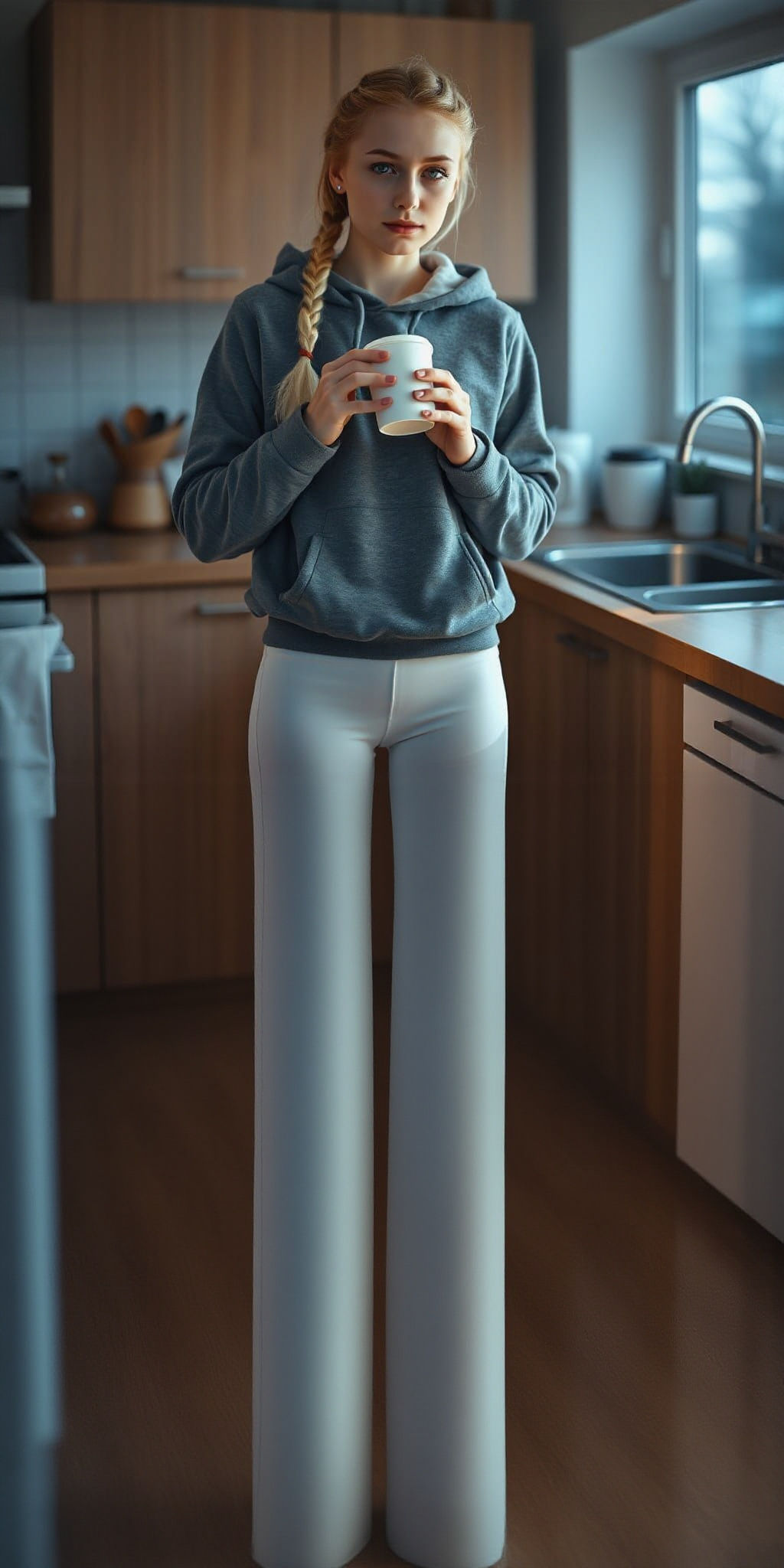Ginger Woman in Hoodie with Braided Hair Drinking Coffee