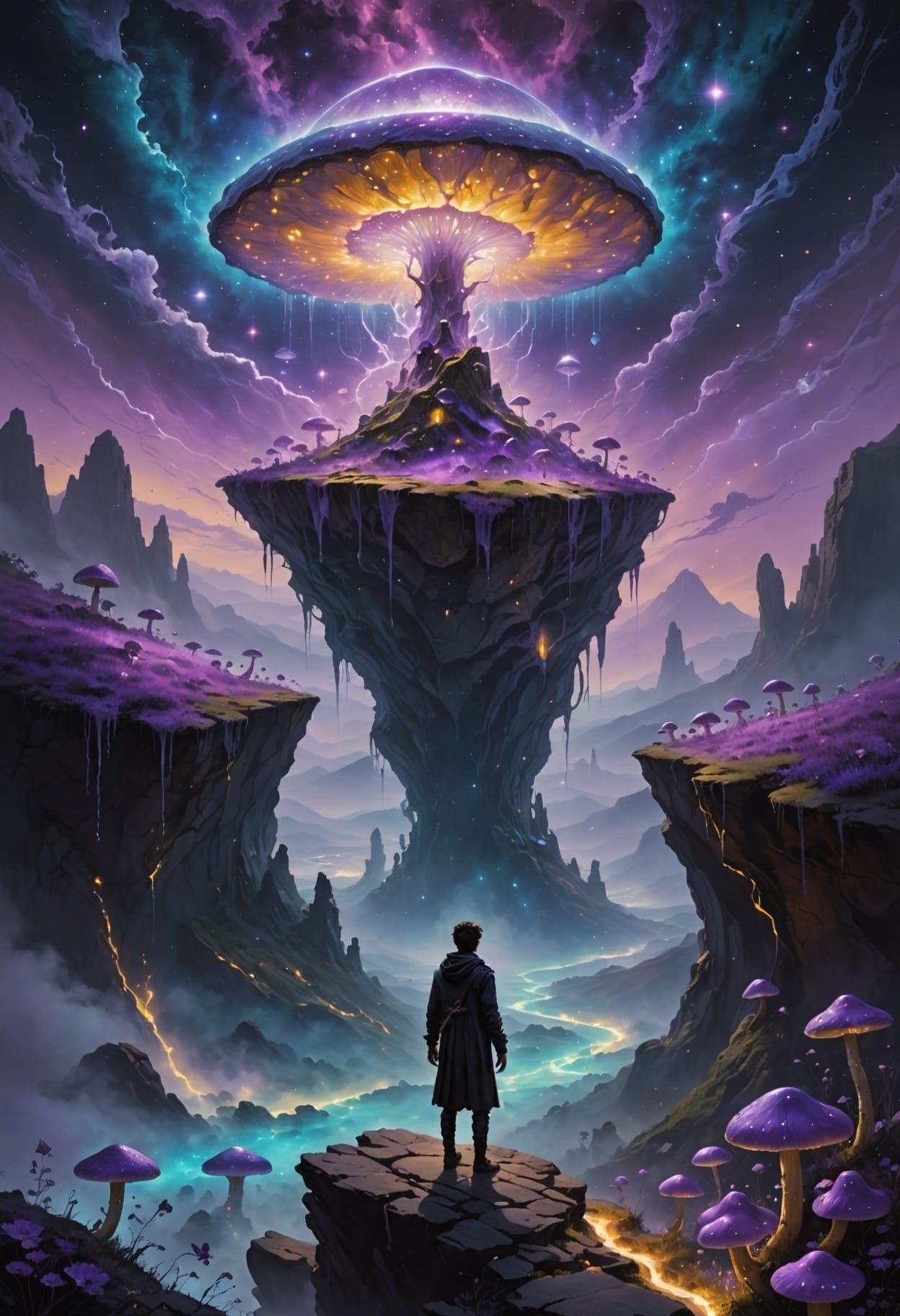 Cloaked Figure on Crystalline Cliff Overlooking Nebula