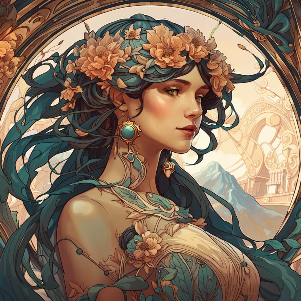 Biomechanical Waifu in Art Nouveau Style
