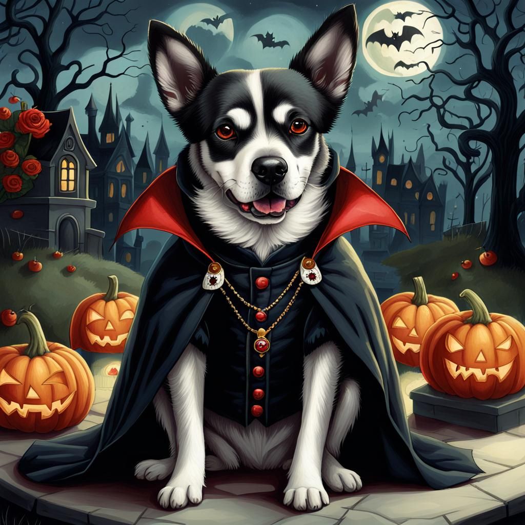 Vampire Dog at Halloween Party in Gothic Style