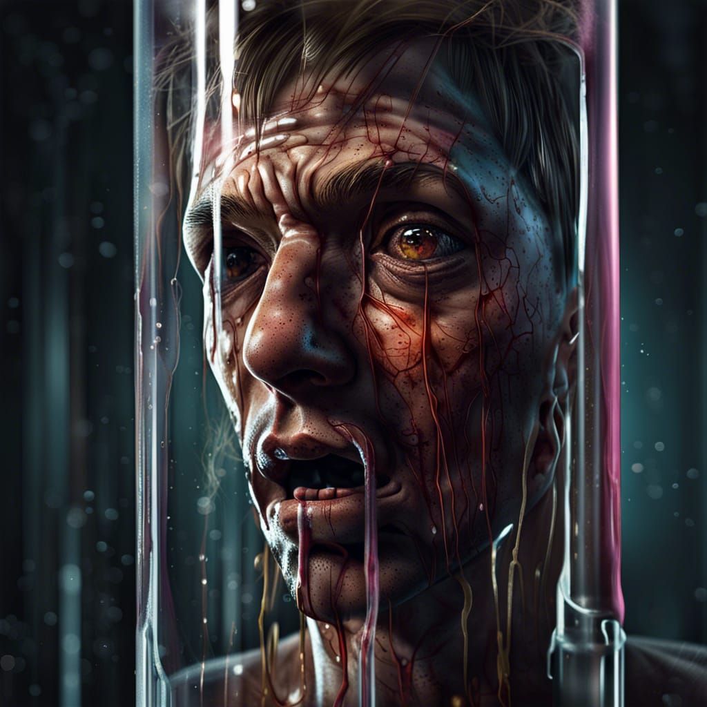 Deformed Man Trapped in Test Tube: Hyperrealistic Art