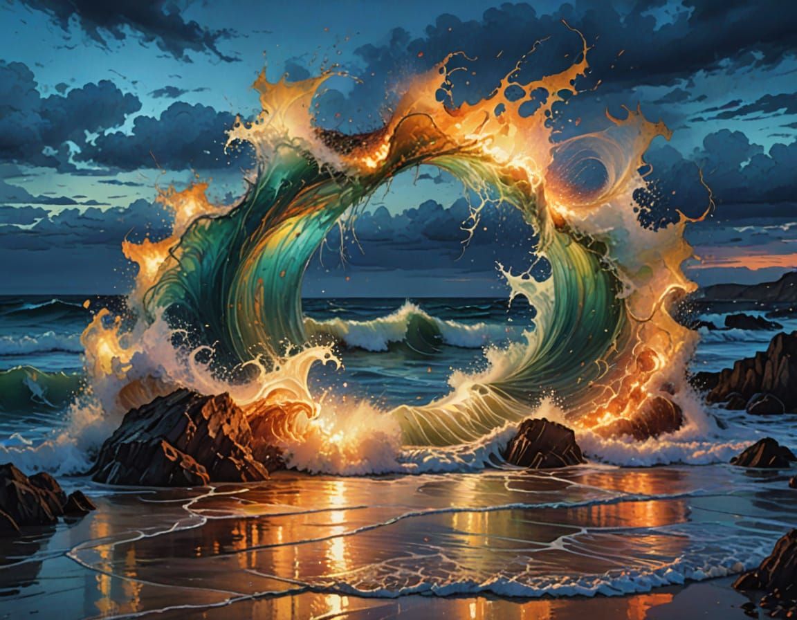 Stormy Sunset Waves in Digital Watercolor