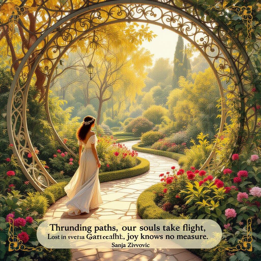 Art Nouveau Garden Path with Golden Light