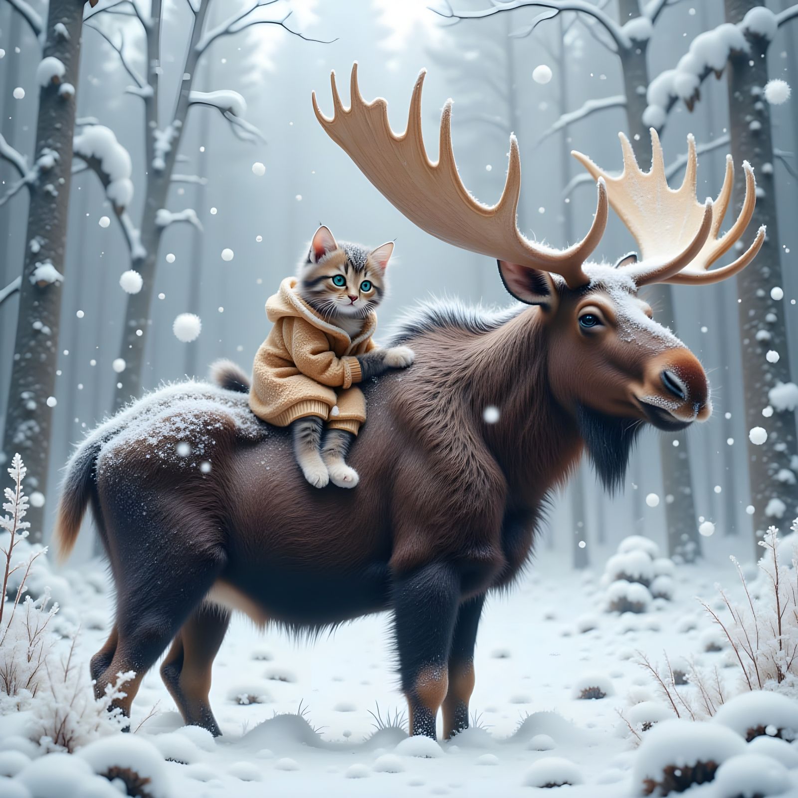 Kitten Rides Moose in Snowy Wonderland