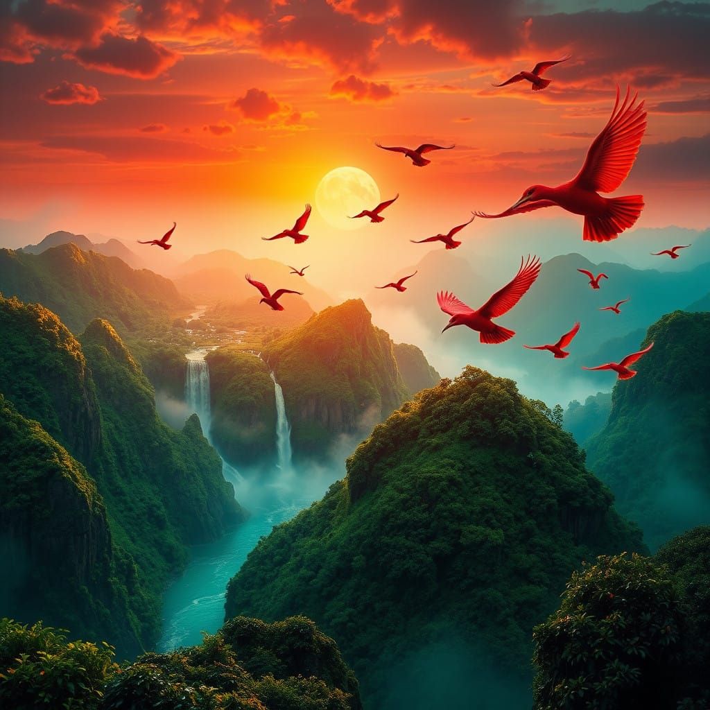 Vibrant Tropical Landscape of Cascading Waterfalls at Sunset