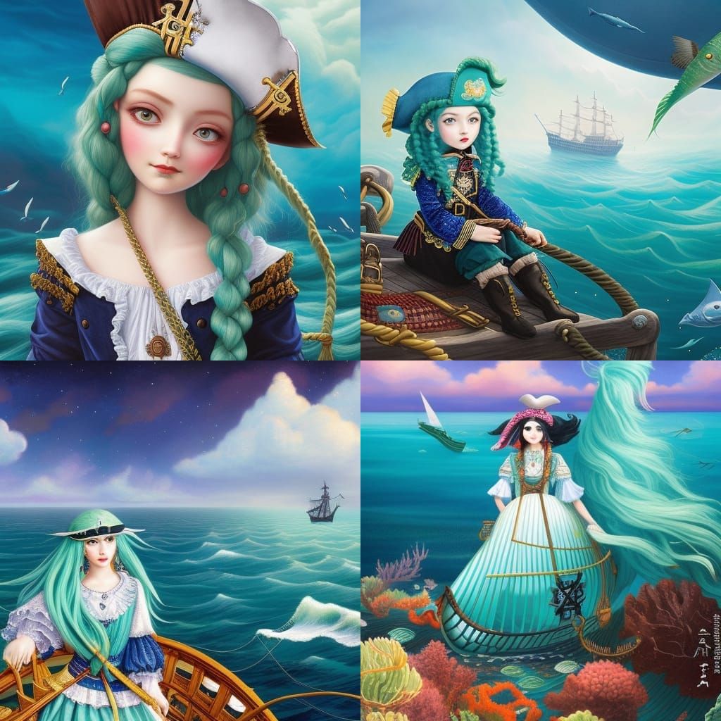Seafoam Green Haired Pirate on the Deep Blue Ocean