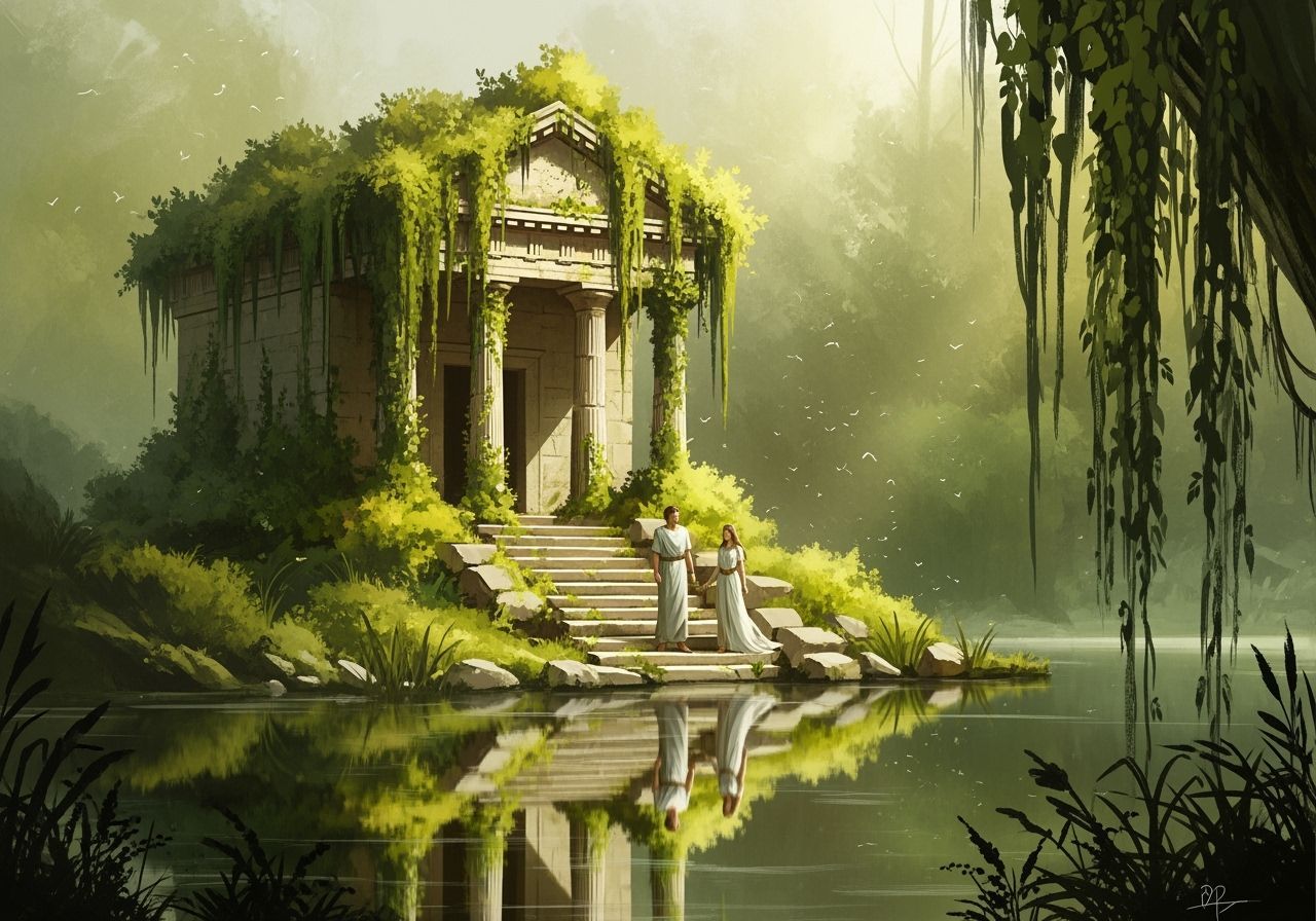 Dreamlike Temple Overtaken by Nature: Watercolor Concept Art
