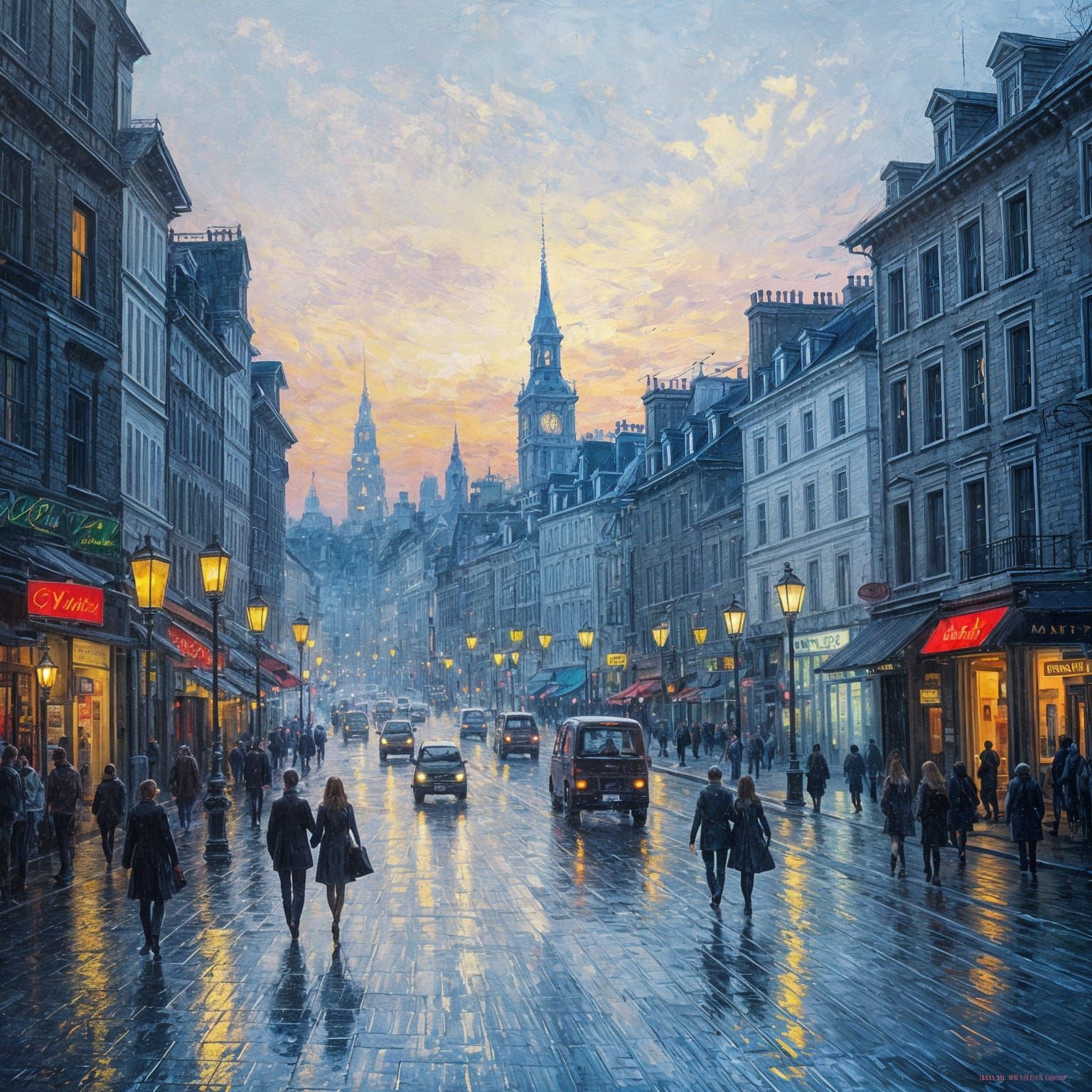 Cityscape at Twilight in Impressionist Style