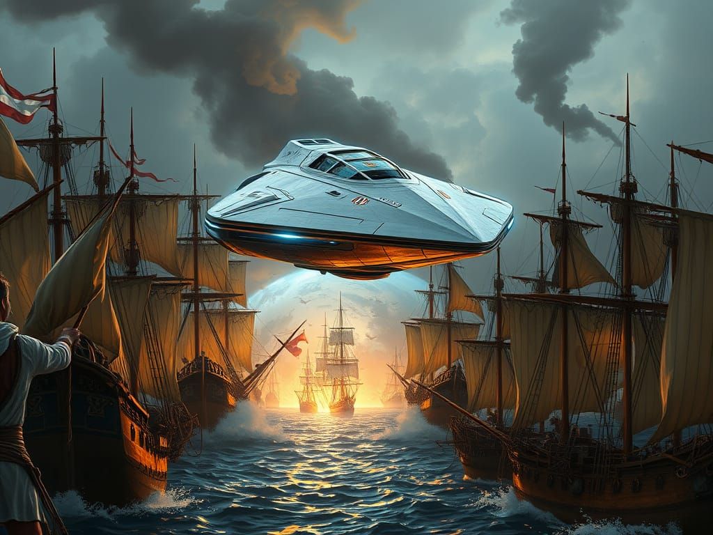 Futuristic Spacecraft Disrupts 1700s Naval Battle