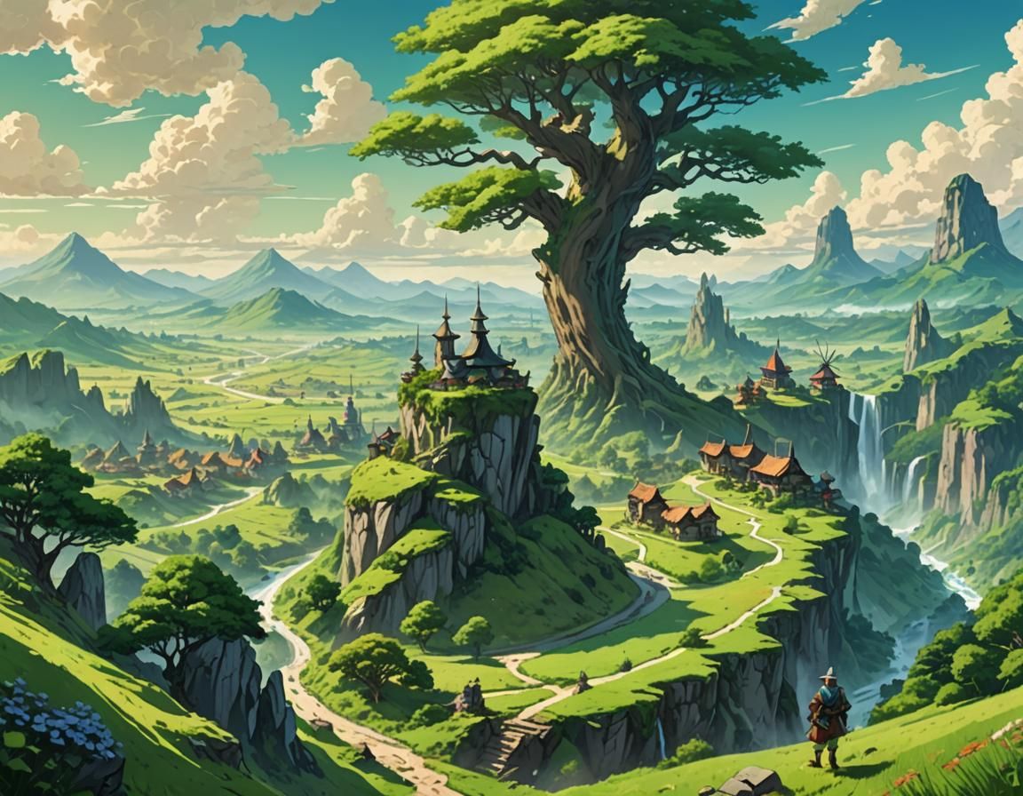 Fantasy Landscape with Asian Villages and Giant Trees