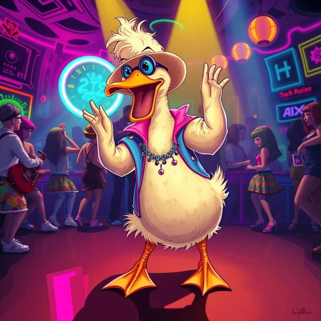 Duck Twerking in Neon Club, Cartoonish Style