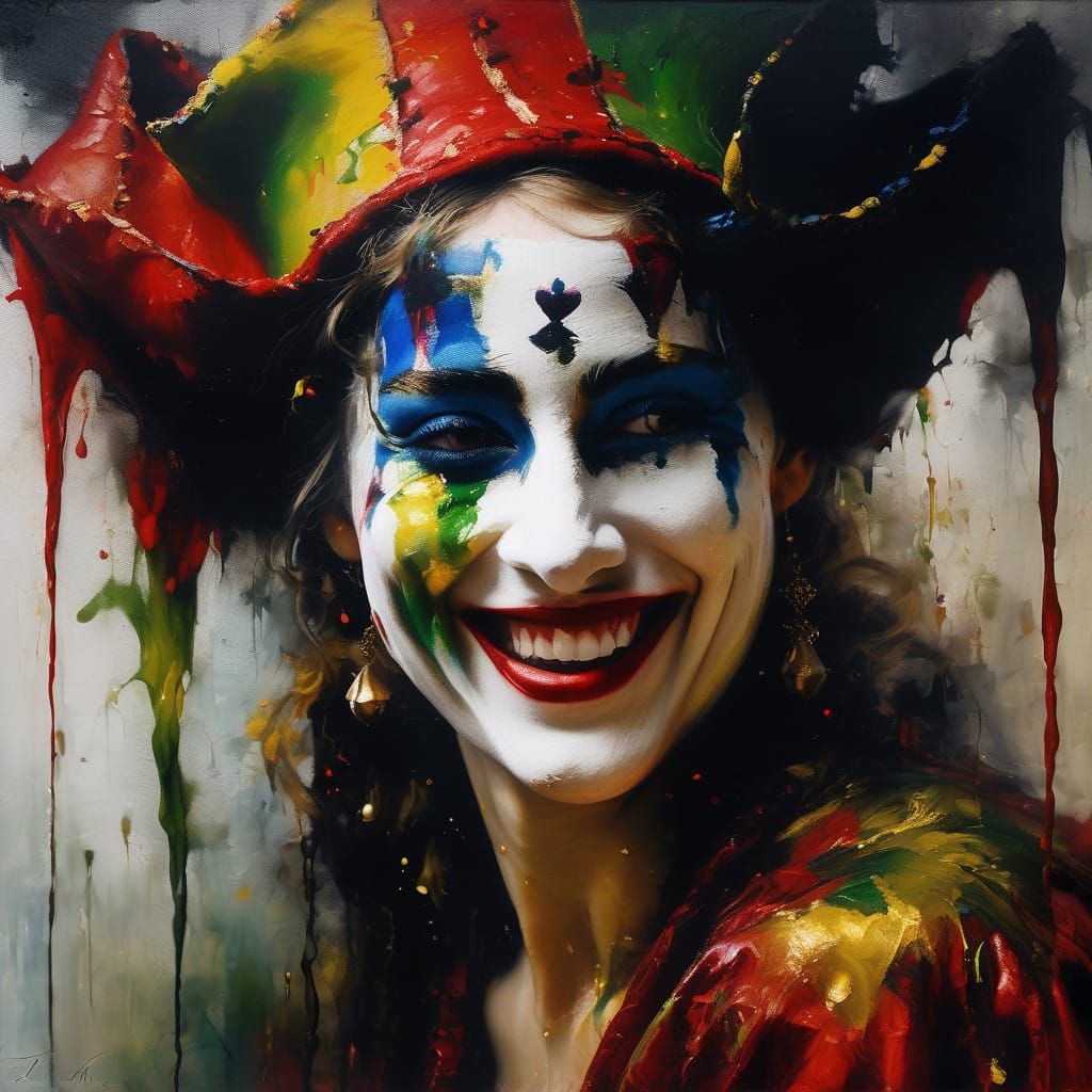 Vibrant Jester Maiden Radiates Joy in Oil on Canvas