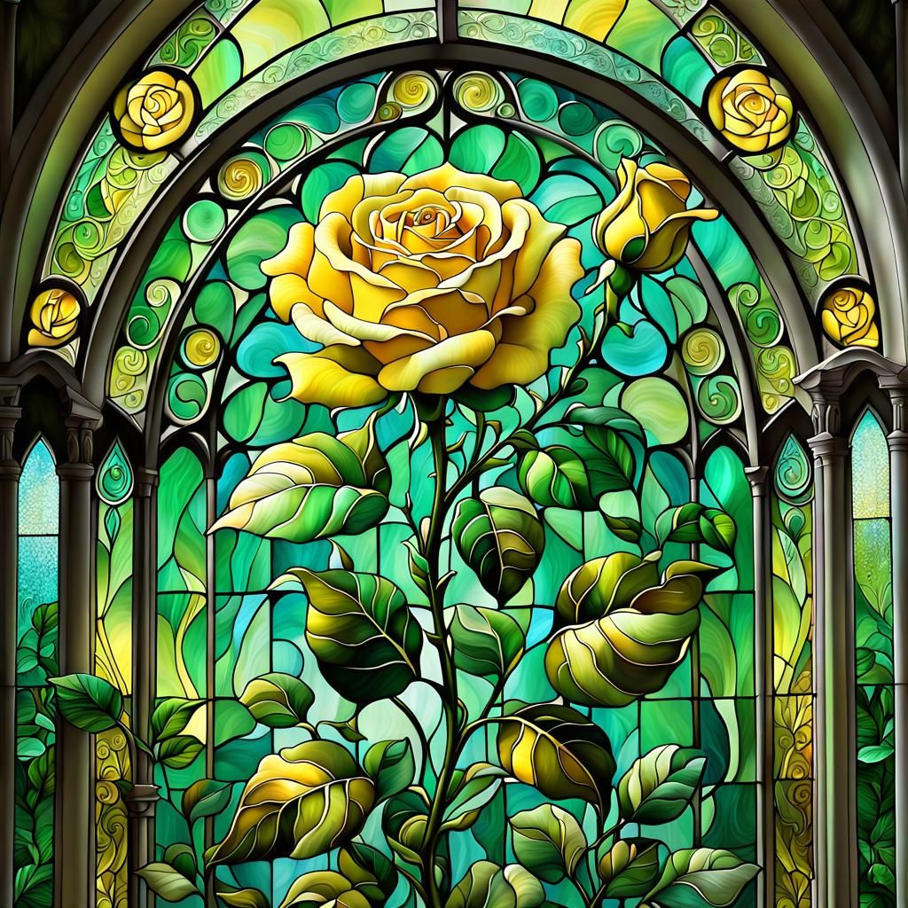 Glittering Yellow Rose Against Stained Glass