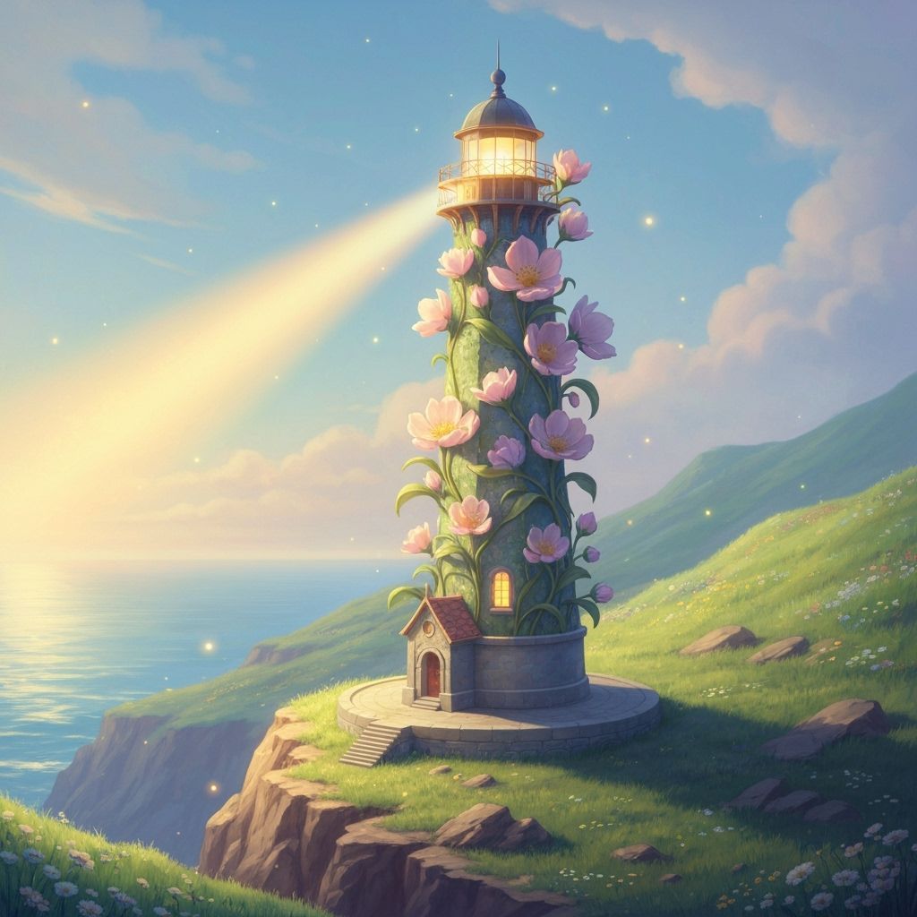 Floral Lighthouse Overlooking Calm Ocean in Art Nouveau Styl...