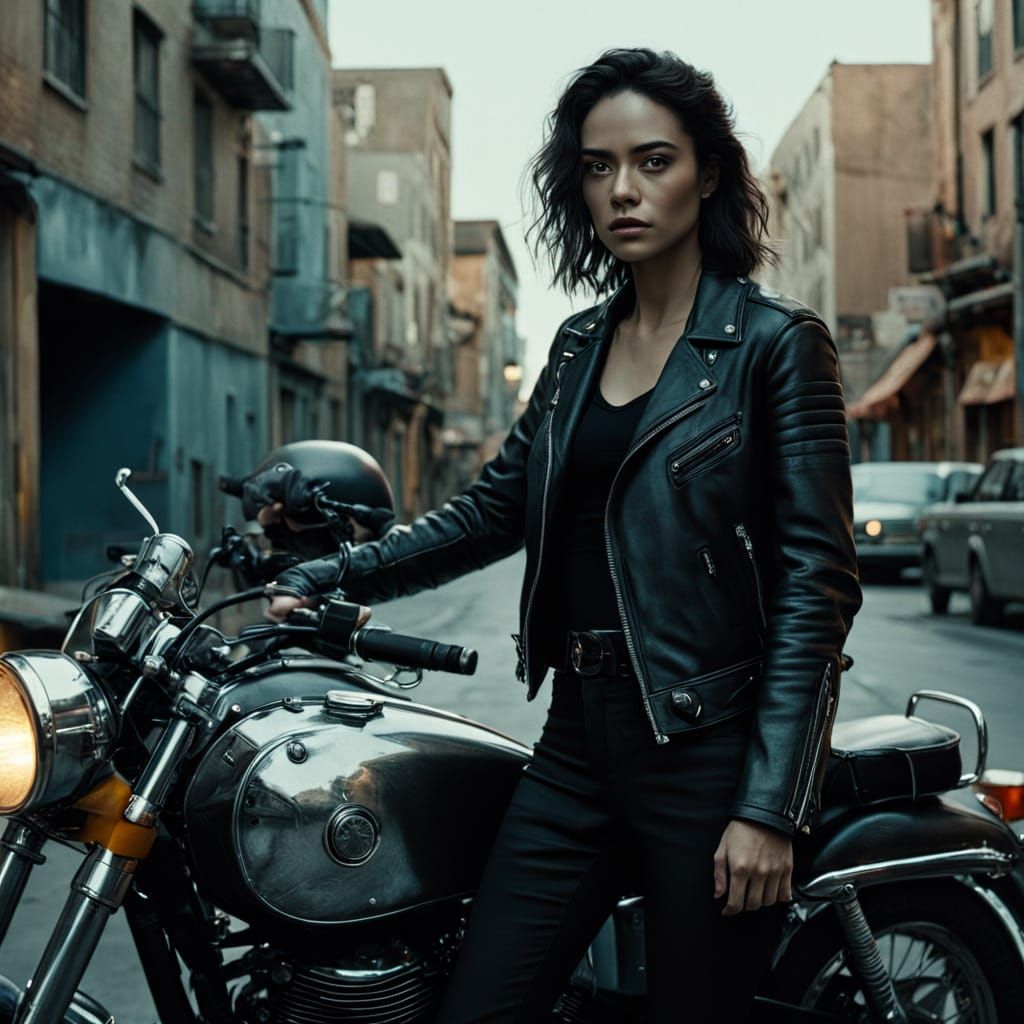 Young Woman in Leather Jacket by Motorcycle