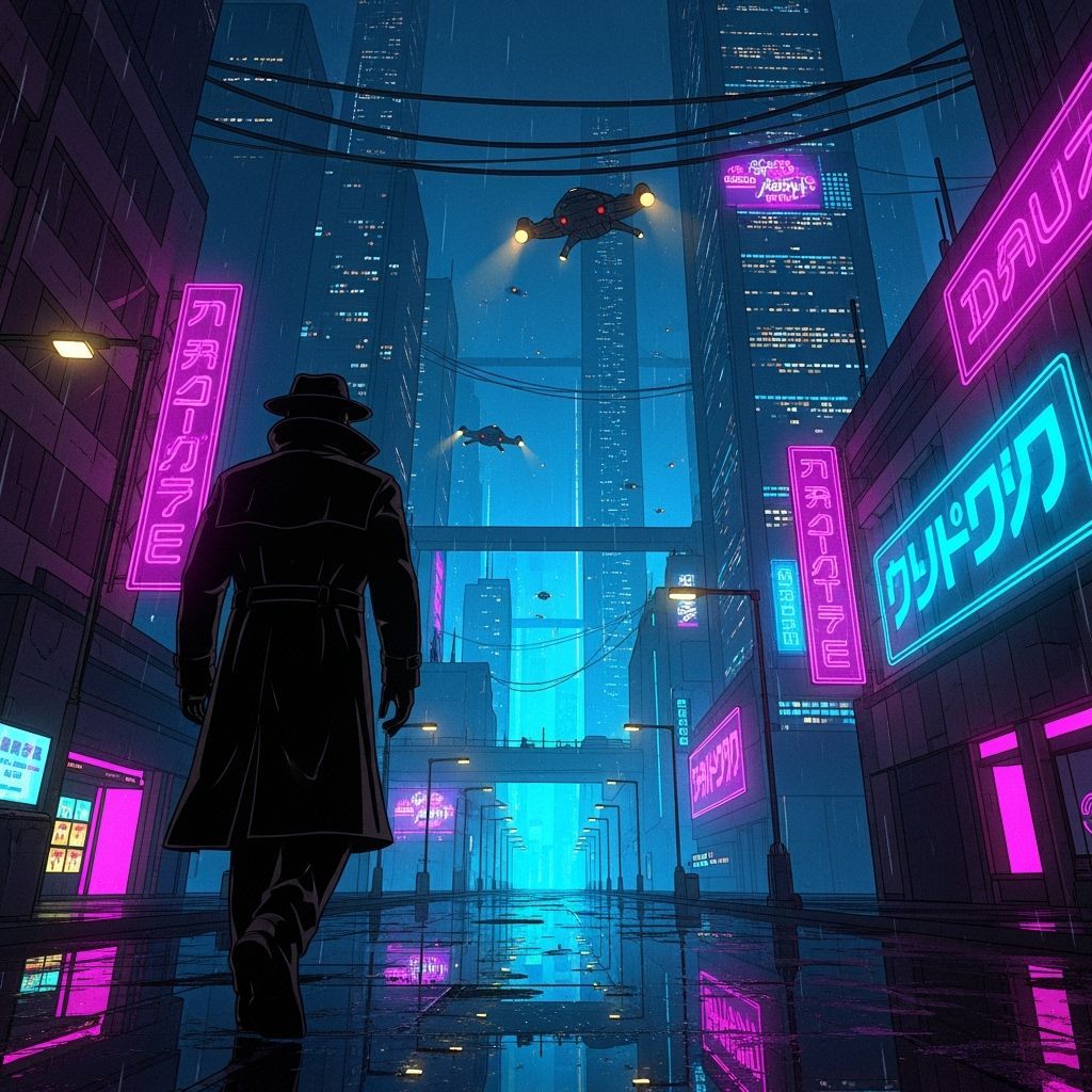 Spy in Neon Metropolis: Synthwave Cel-Shaded Art