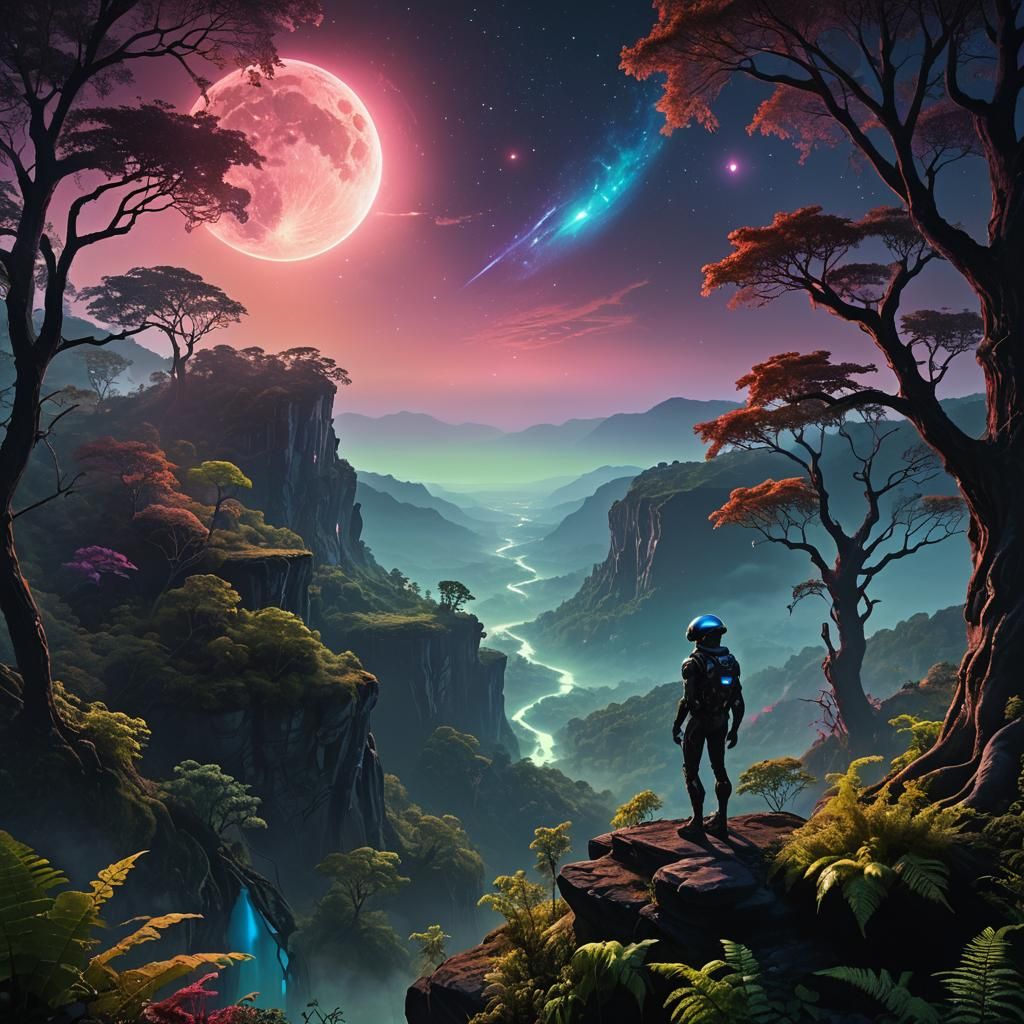 Alien Forest Vista in Neon Sci-Fi Style