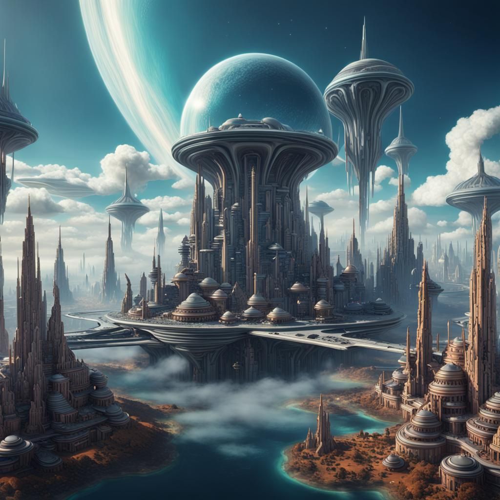 Intricate Space-Age Alien City Floating on Cloud