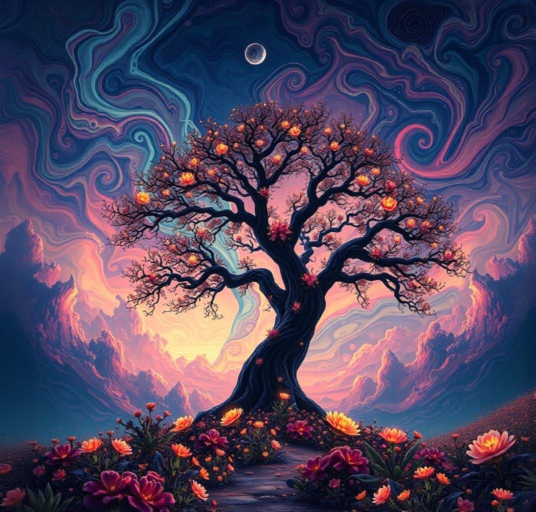 Surreal Tree with Glowing Flowers, Matte Painting