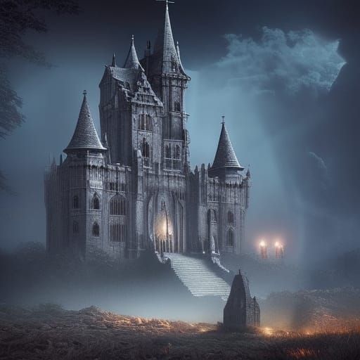 Gothic Demon Castle in Fog: Digital Matte Painting