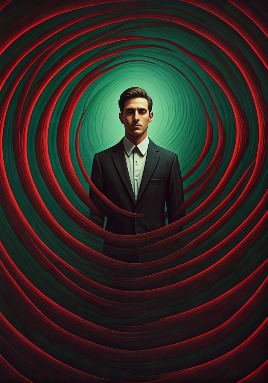 Contemplative Man in Biomorphic Surreal Dreamscape