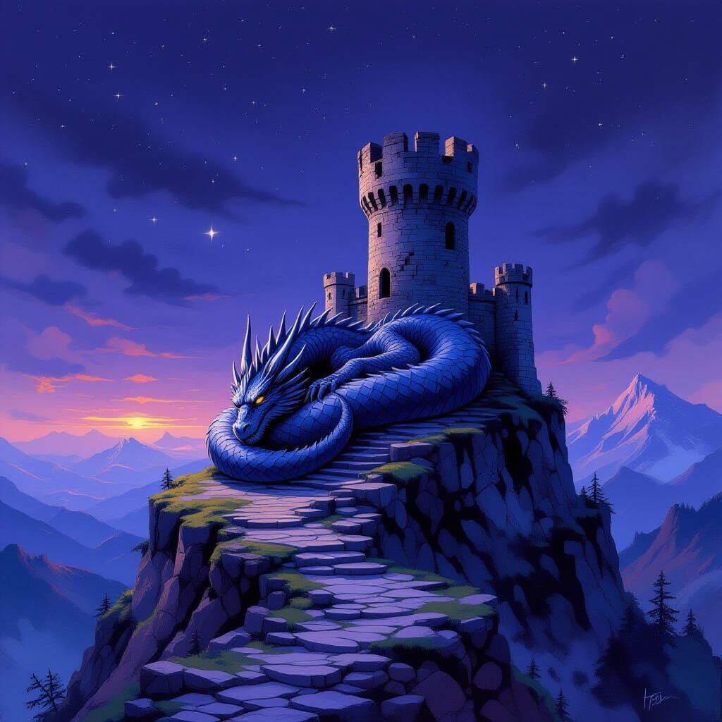 Ancient Dragon Sleeps on Mountain Fortress at Twilight