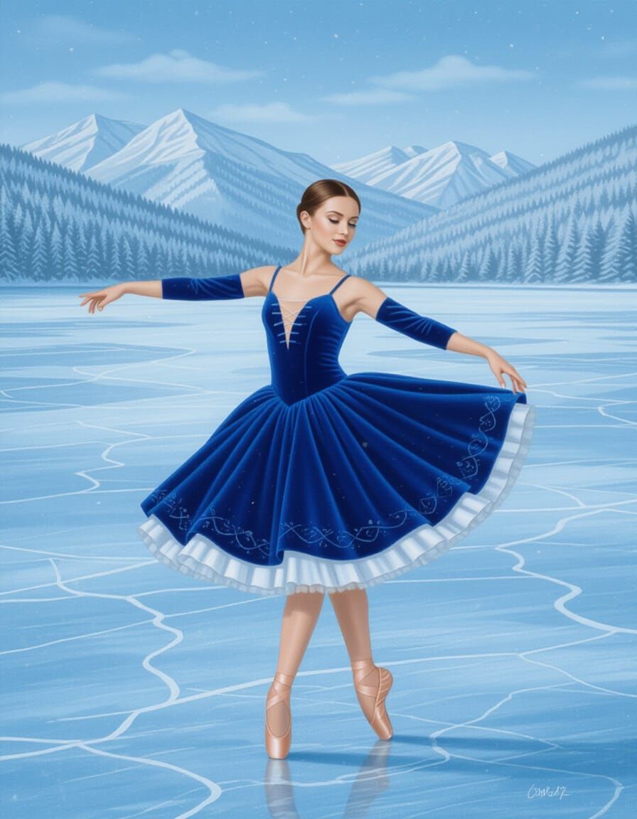 Graceful Ballerina Dances on Frozen Lake in Winter Landscape