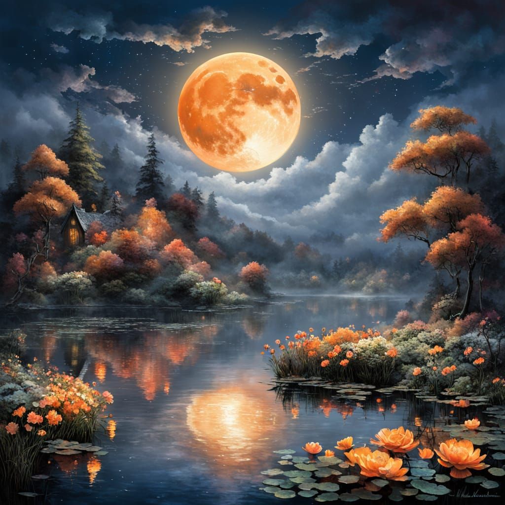 Ethereal Harvest Moon Over Enchanted Lake